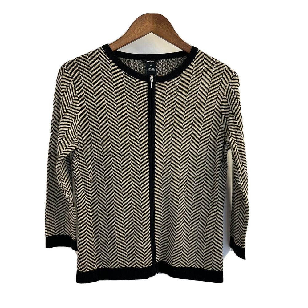 Sandra Chevron Stripe Black Beige Full Zip Silk Sweater Sz M
